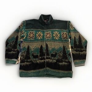 Mazmanian Fleece Jacket Vintage 90s Made In USA Size XL Moose Elk Trees Full Zip